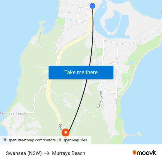 Swansea (NSW) to Murrays Beach map
