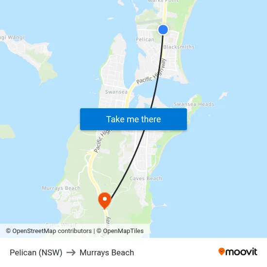 Pelican (NSW) to Murrays Beach map