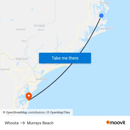 Whoota to Murrays Beach map