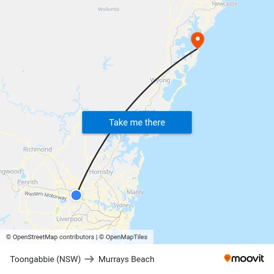 Toongabbie (NSW) to Murrays Beach map