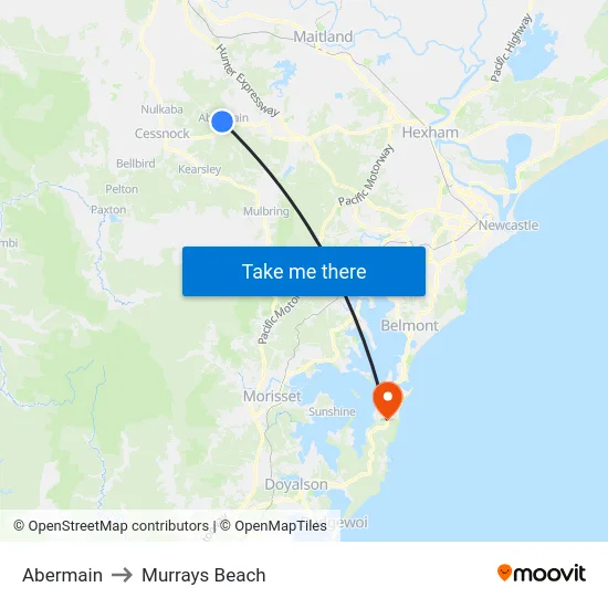 Abermain to Murrays Beach map