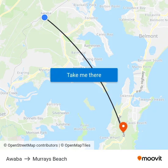 Awaba to Murrays Beach map