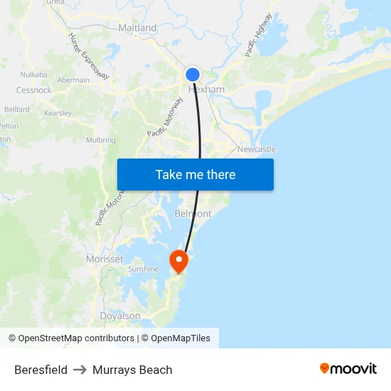 Beresfield to Murrays Beach map