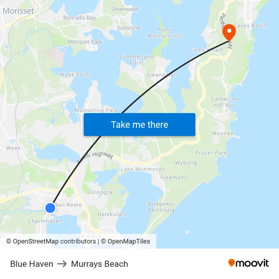 Blue Haven to Murrays Beach map