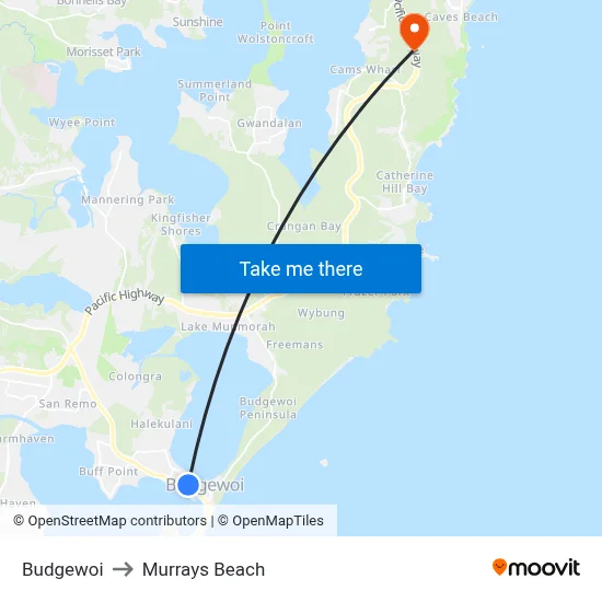 Budgewoi to Murrays Beach map