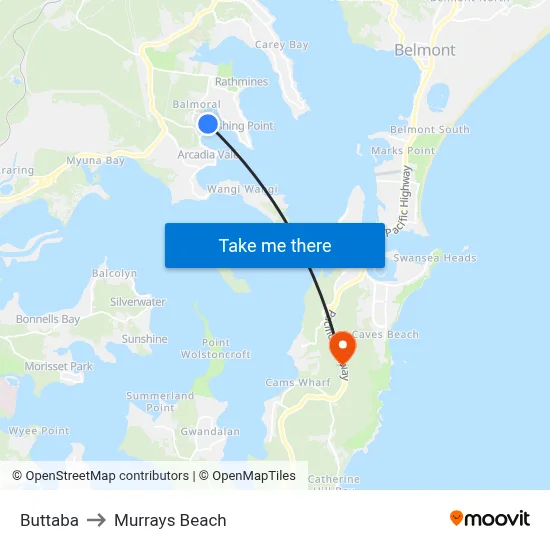 Buttaba to Murrays Beach map