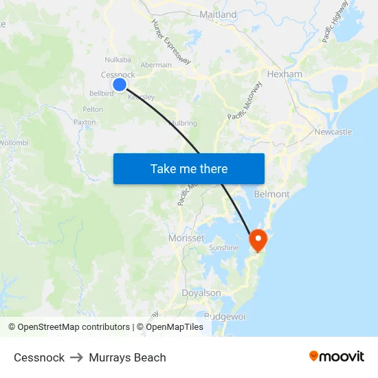 Cessnock to Murrays Beach map