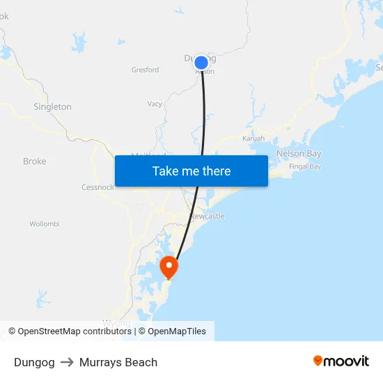 Dungog to Murrays Beach map