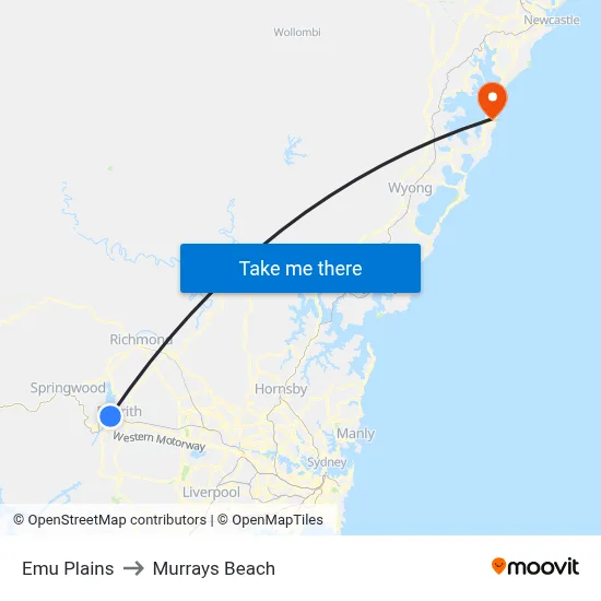Emu Plains to Murrays Beach map