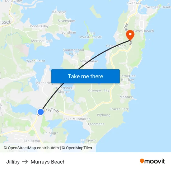 Jilliby to Murrays Beach map