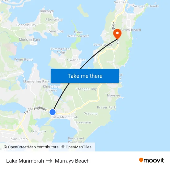Lake Munmorah to Murrays Beach map