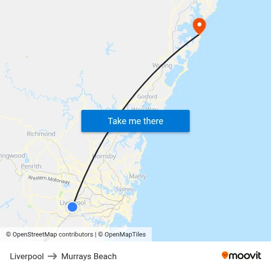 Liverpool to Murrays Beach map