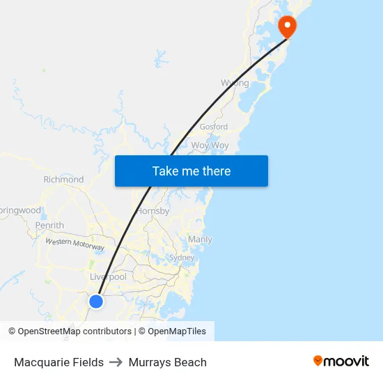 Macquarie Fields to Murrays Beach map