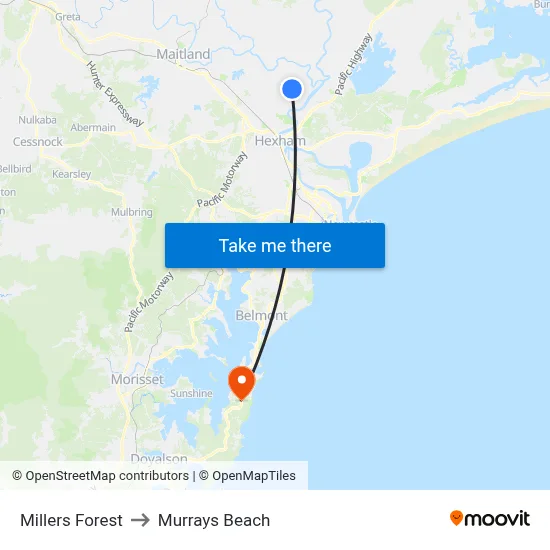 Millers Forest to Murrays Beach map