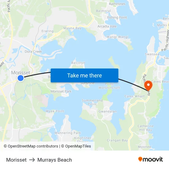 Morisset to Murrays Beach map
