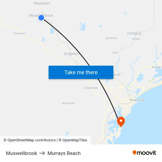 Muswellbrook to Murrays Beach map