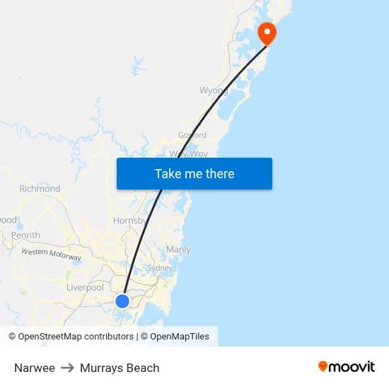 Narwee to Murrays Beach map