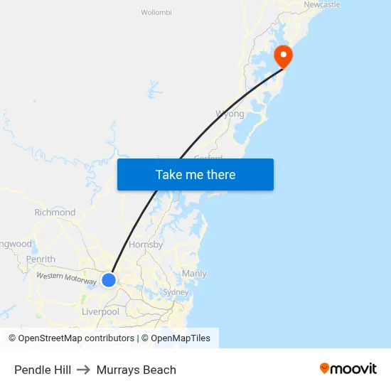 Pendle Hill to Murrays Beach map