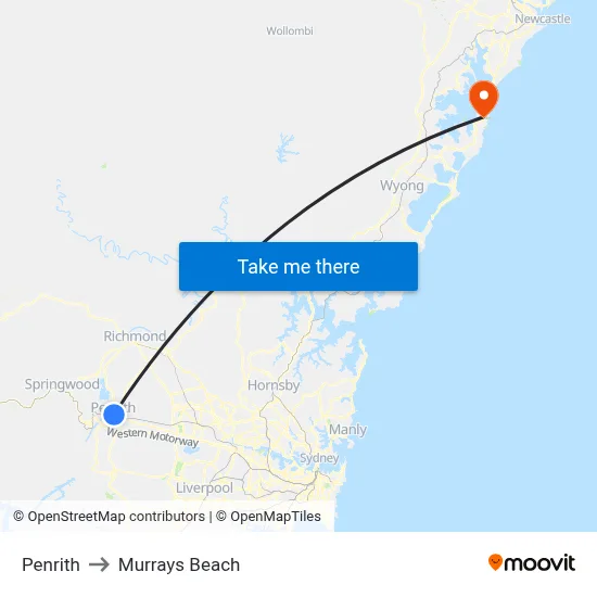 Penrith to Murrays Beach map