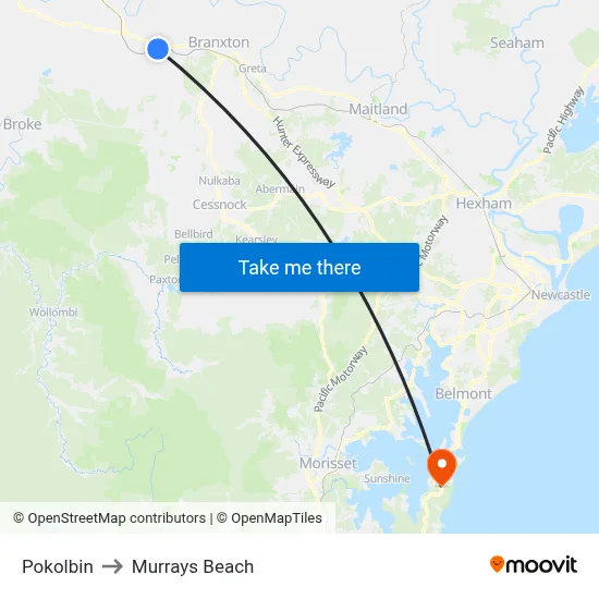 Pokolbin to Murrays Beach map