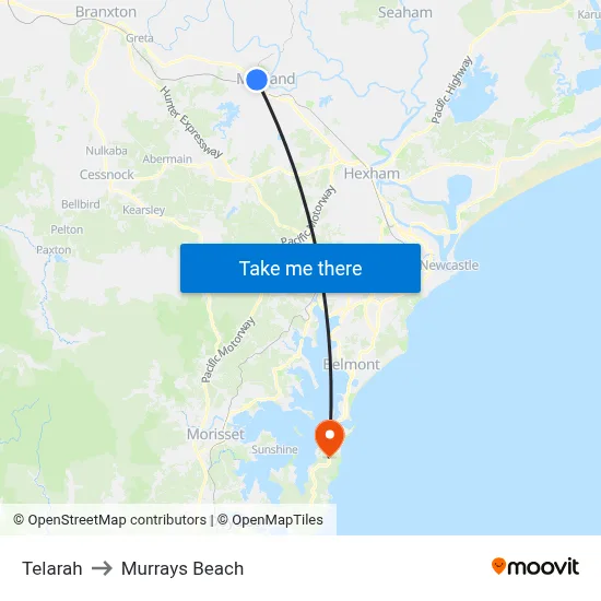 Telarah to Murrays Beach map