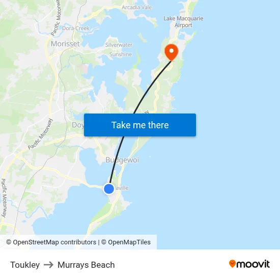 Toukley to Murrays Beach map