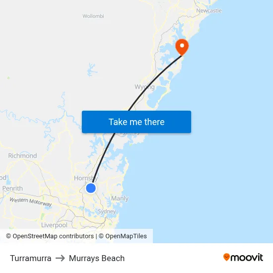 Turramurra to Murrays Beach map