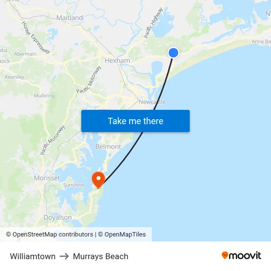 Williamtown to Murrays Beach map