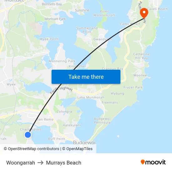 Woongarrah to Murrays Beach map