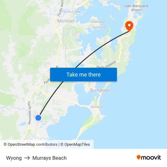 Wyong to Murrays Beach map