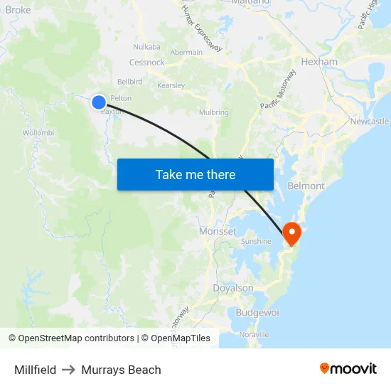 Millfield to Murrays Beach map