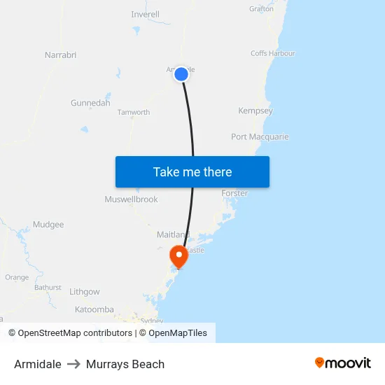 Armidale to Murrays Beach map