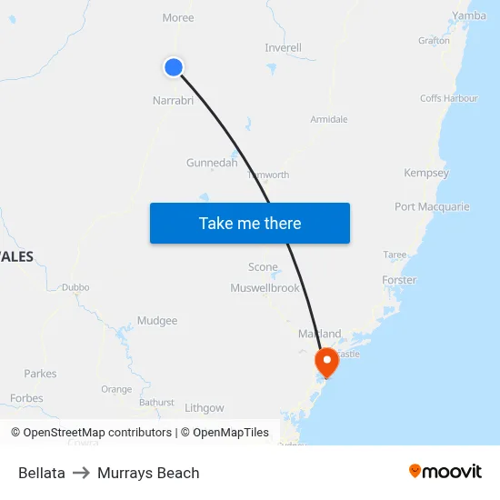 Bellata to Murrays Beach map