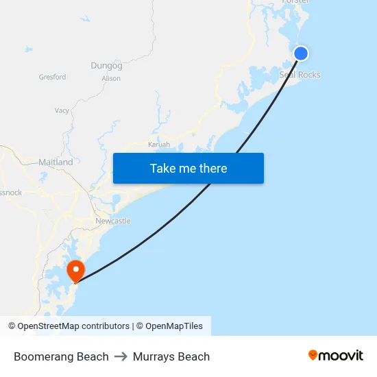 Boomerang Beach to Murrays Beach map