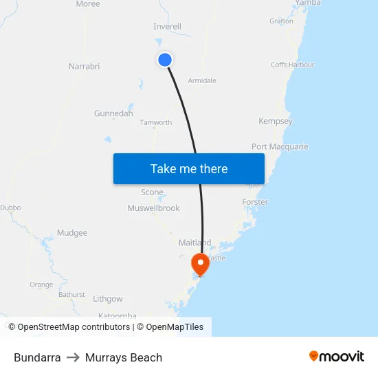 Bundarra to Murrays Beach map