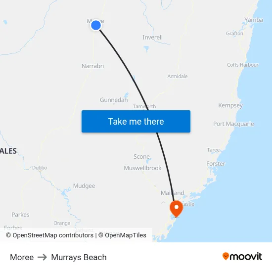 Moree to Murrays Beach map