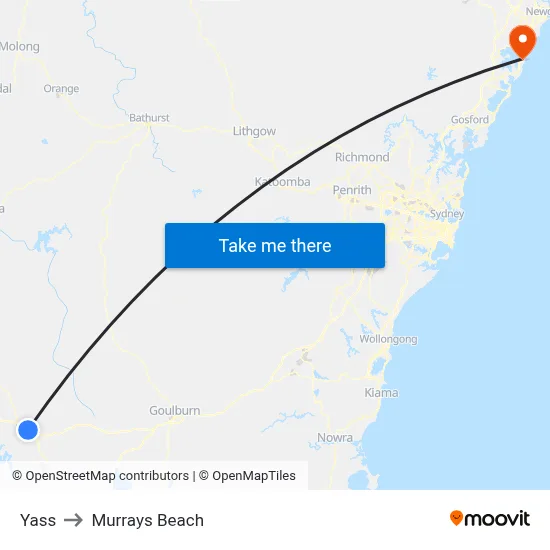 Yass to Murrays Beach map