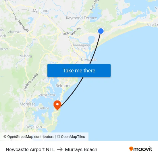 Newcastle Airport NTL to Murrays Beach map