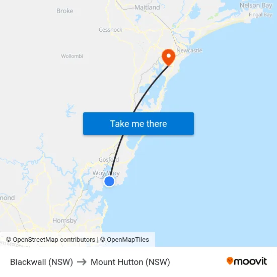Blackwall (NSW) to Mount Hutton (NSW) map