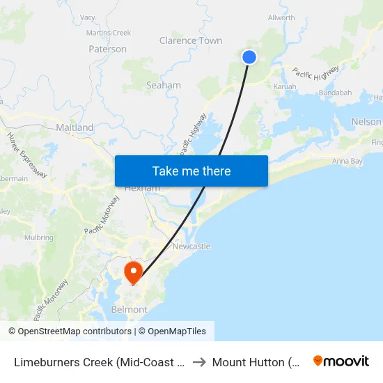 Limeburners Creek (Mid-Coast - NSW) to Mount Hutton (NSW) map