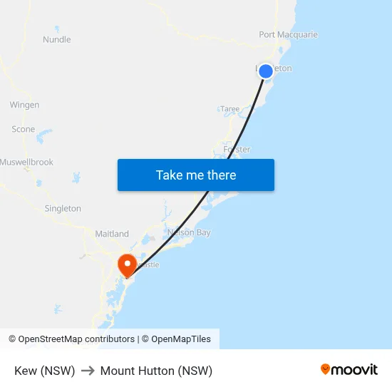 Kew (NSW) to Mount Hutton (NSW) map