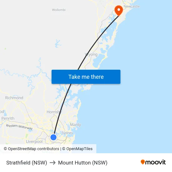 Strathfield (NSW) to Mount Hutton (NSW) map