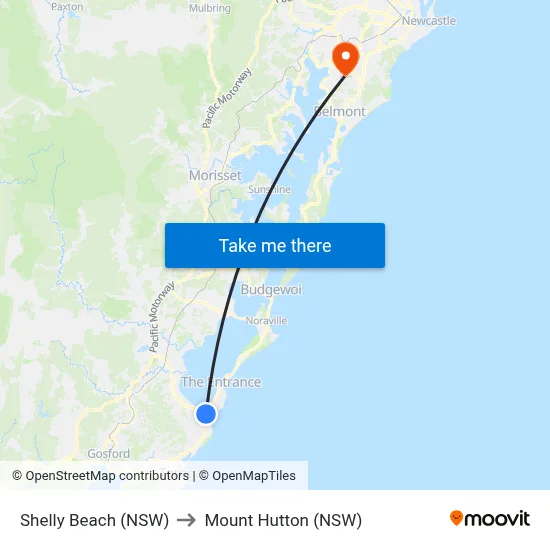 Shelly Beach (NSW) to Mount Hutton (NSW) map