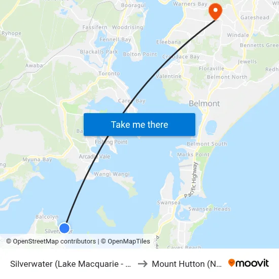 Silverwater (Lake Macquarie - NSW) to Mount Hutton (NSW) map