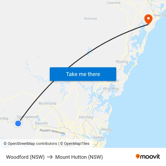 Woodford (NSW) to Mount Hutton (NSW) map