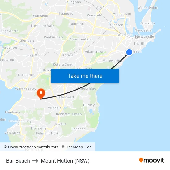 Bar Beach to Mount Hutton (NSW) map