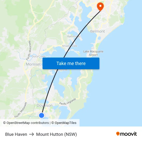 Blue Haven to Mount Hutton (NSW) map