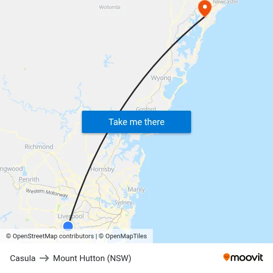 Casula to Mount Hutton (NSW) map