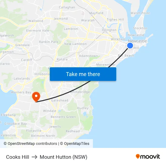 Cooks Hill to Mount Hutton (NSW) map