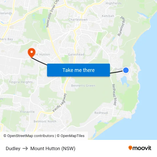 Dudley to Mount Hutton (NSW) map